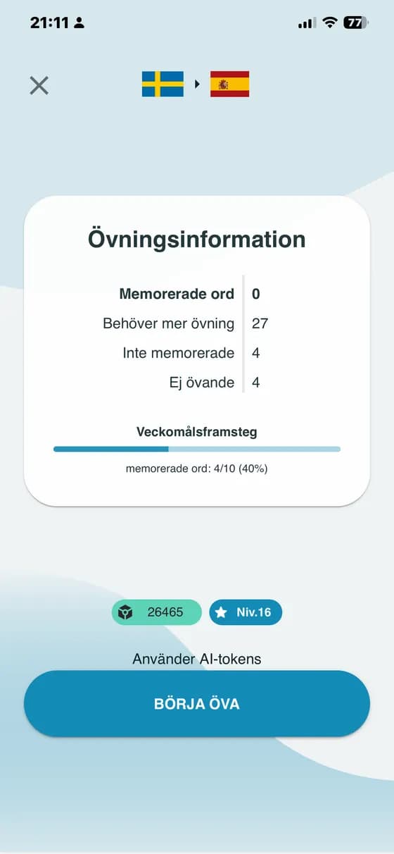 Övningsinformation med ordens framsteg och knappen Börja öva i A-Dictionary
